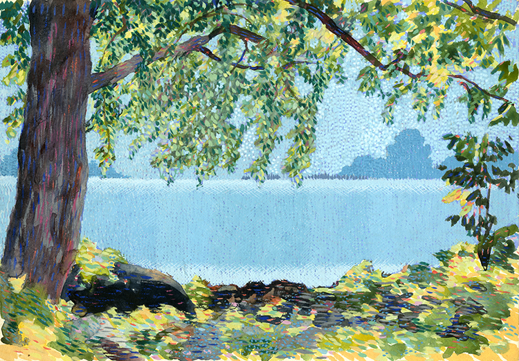 scenic painting of a tree and grass in front of a lake